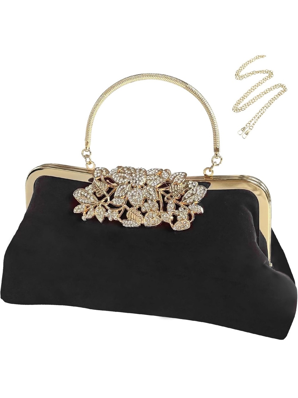 Elegant Black Velvet Evening Clutch with Gold Crystal Floral Accent